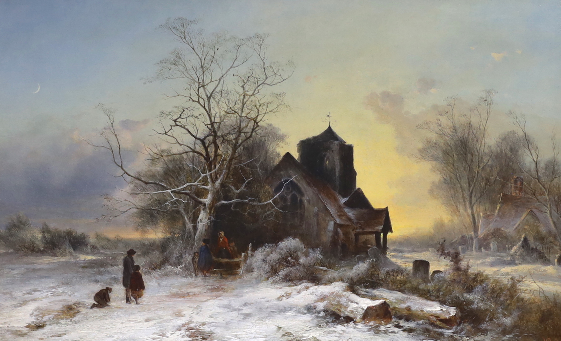 G. Williams, oil on canvas, Winter landscape with figures before a church, ink inscription verso, monogrammed, 31 x 51cm